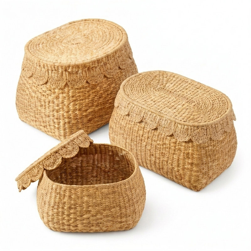Cole and Grey Seagrass Woven Brown Decorative and Functional Storage Basket with Lid Set
