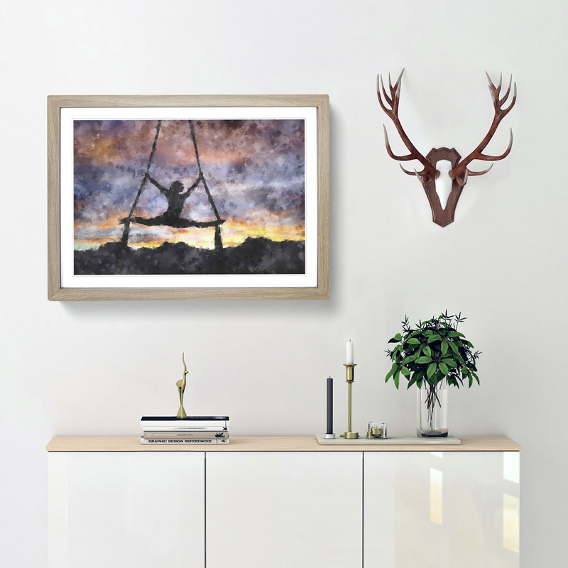 Aerialist Gymnastics at Sunset - Picture Frame Painting Print, Oak Framed, 62cm H x 87cm W x 2cm D