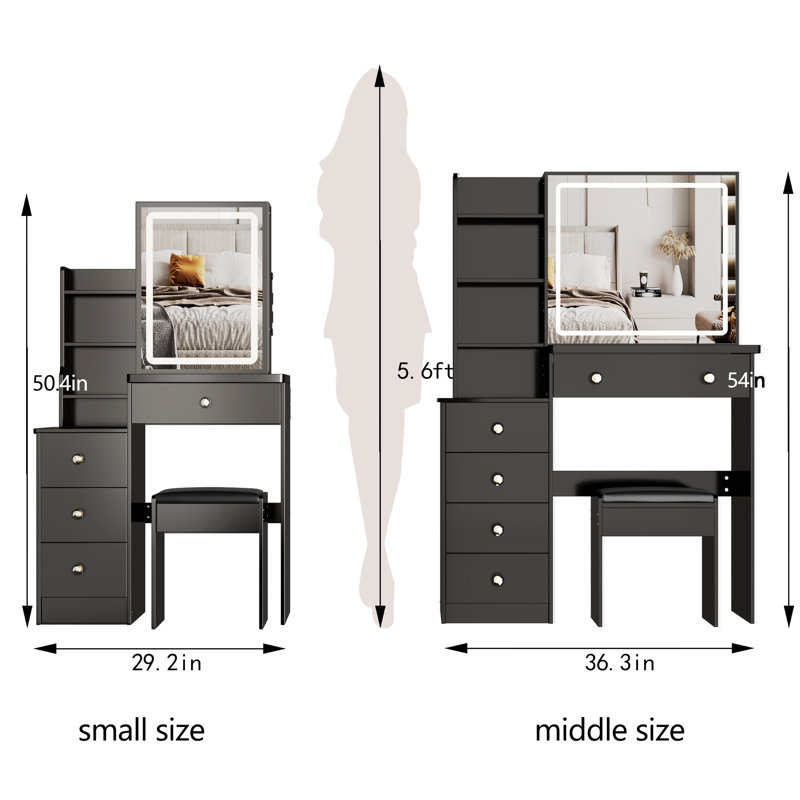 Small Space Vanity Table With Touch Control Led Mirror, Color & Brightness Adjustable, Cushioned Stool, , Black Left Side Bedside Cabinet Comfortable Seat Touchable Adjustable And Switching, American