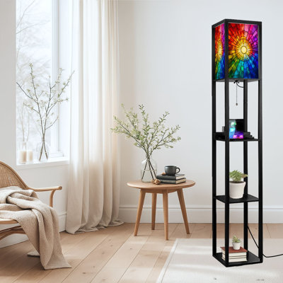 Dimmable LED Standing Floor Lamp Vibrant Stained Glass Print Mosaic Radiating Rainbow Colors, MDF Frame Floor Lamp with Remote Control, 3 Color Light, for Living Room Bedroom