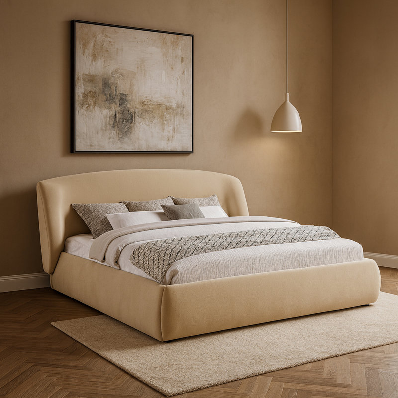 Lit tapissier Sandro, Tissu chenille beige, Grand