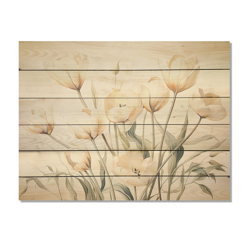 Symphonie de tulipes embellies beiges - panneau de bois tulipes sur bois de pin naturel, H 24 po x l 32 po