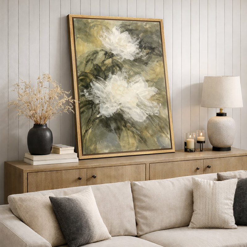 «Neutral White Floral Abstract Art», images de chambre à coucher, impression sur toile encadrée, Cadre flottant naturel