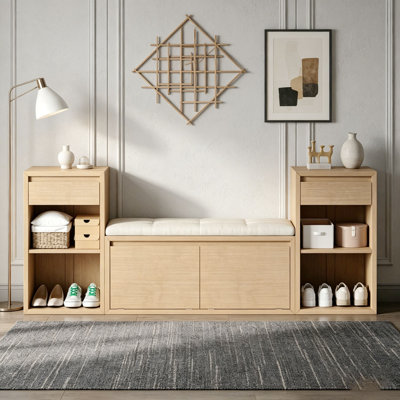 All-in-One Entryway Storage Bench with Cushion, Compartments, Drawers & Open Shelves, Storage Bench