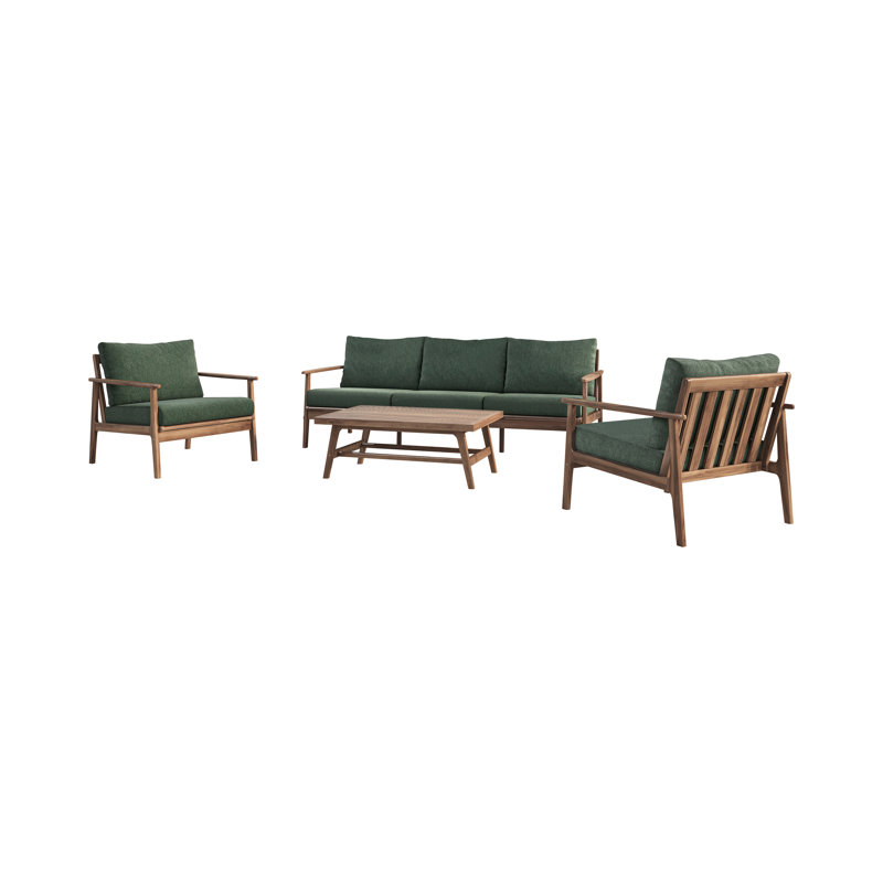 Lyon 4-Piece Solid Acacia Wood Outdoor Set With Sofa, 2 Chairs, Coffee Table, Green