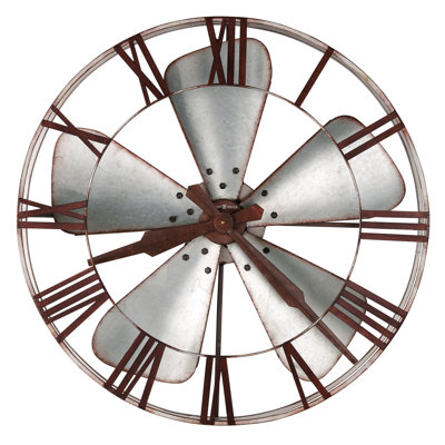Mill Shop Modern & Contemporary Oversized Wall Clock, Wrought Iron Frame with Galvanized Steel Fan Blades and Roman Numerals