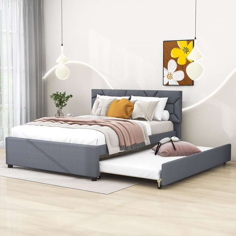 Ellionna Upholstered Platform Bed with Trundle and Headboard, Gray, Queen