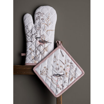 Maison d'Hermine Meadow Florals - Gant de four 100% coton brun + support à casserole - 7,5 po x 13 po et 8 po x 8 po