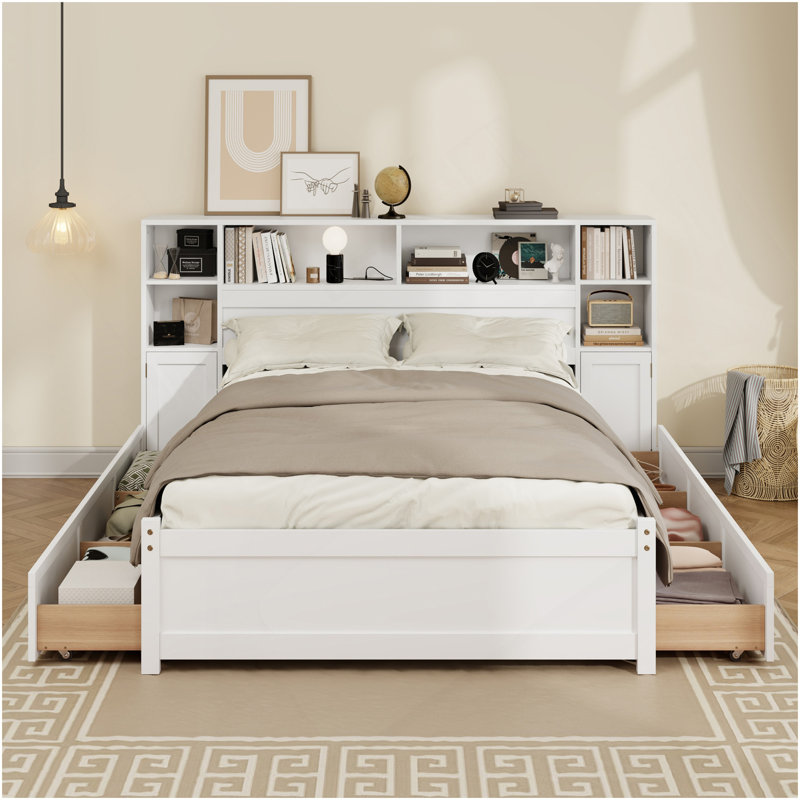 Lit de rangement en bois blanc avec tête de lit haute bibliothèque allongée, 6 tiroirs et station de charge pour adultes, sans sommier, simple