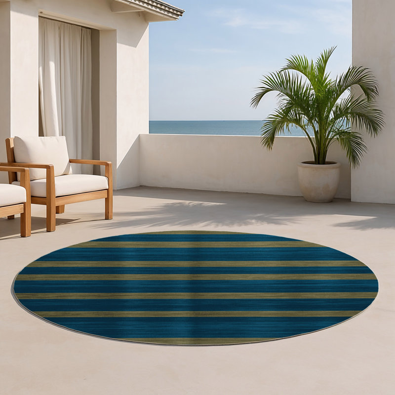 Tapis intérieur / extérieur bleu HorizontalStripes, Rond 5 pi