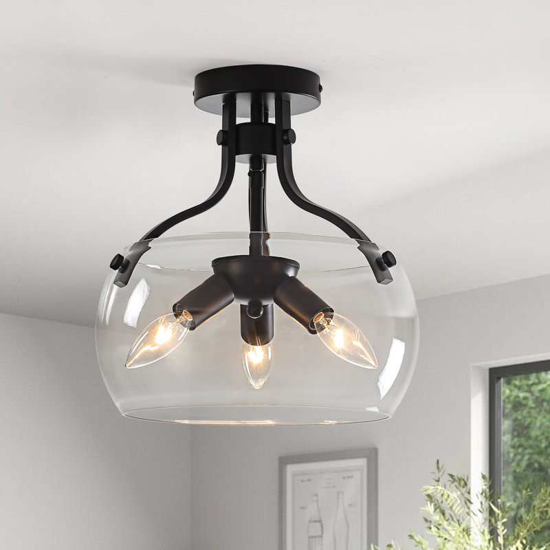 3 - Light Glass Drum Semi Flush Mount Light, Matte Black