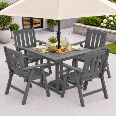 All Weather HDPE Outdoor Square Table and Foldable Chairs Patio Dining Sets With Umbrella Hole & Aluminum Frame Modern Patio Dining Set For Outside Backyard/Porch/Deck/Poolside/Garden/Apartment, 1-Table