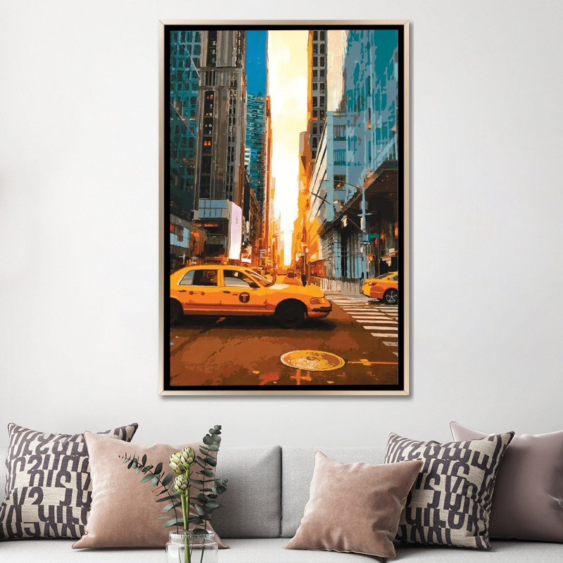 NYC Sun - reproduction d'art murale - toile encadrée, 60" x 40", Toile avec cadre, Champagne