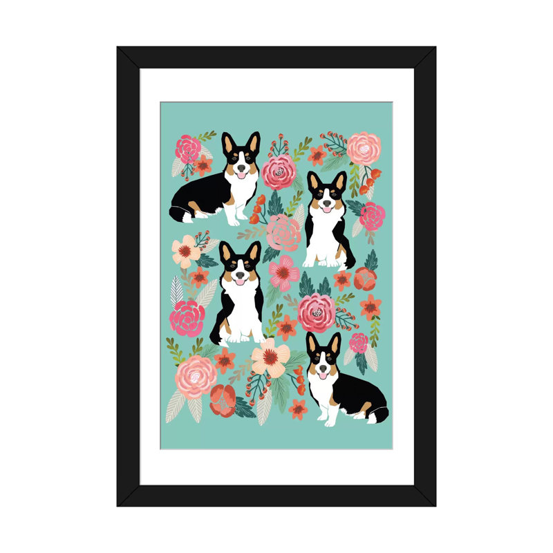 « corgi floral collage ii », impression sur toile tendue, H 24 po x l 16 po x P 1 po, Papier d'art encadré noir, Blanc
