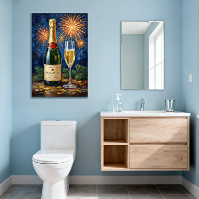 Fashion Champagne Bottle Glass Fireworks Pine Branches Golden Sparkles Night Sky