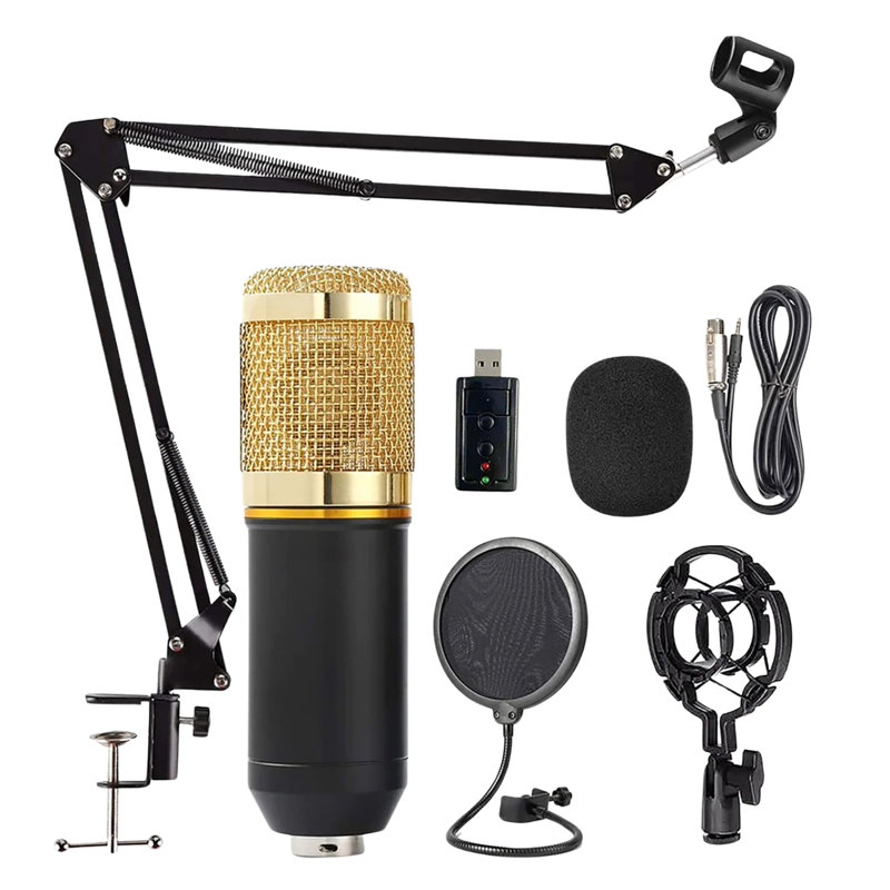 Ensemble de 5 micros à condensateur avec support antichoc, carte son, filtre anti-pop et câble XLR