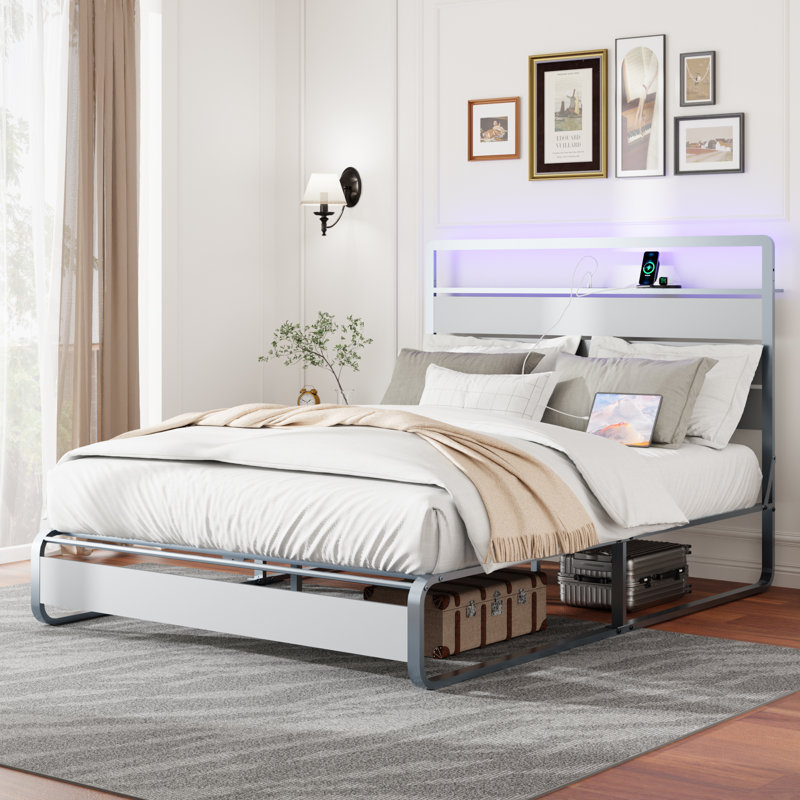 Queen Bed Frame with Storage Headboard and  LED Lights Metal Platform with Charging Station