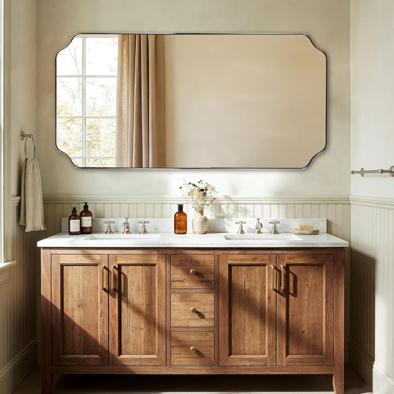 Modern Scalloped Corner Rectangle Bathroom Vanity Mirror | Stainless Steel Frame, Brushed Nickel, 60" x 30"