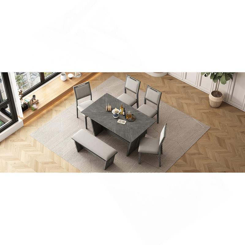 Ensemble de salle à manger en bois 6 pièces avec banc et chaises rembourrées Labannah, Gris