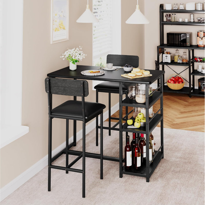 Ensemble de salle à manger comptoir 3 pièces pour 2 personnes, rangement à 3 niveaux et tabourets de bar, noir, Noir