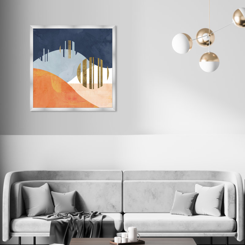 Reproduction d'art moderne encadré bleu et orange de style Mid-Century pour le salon, L 32 po x H 32 po, Argent