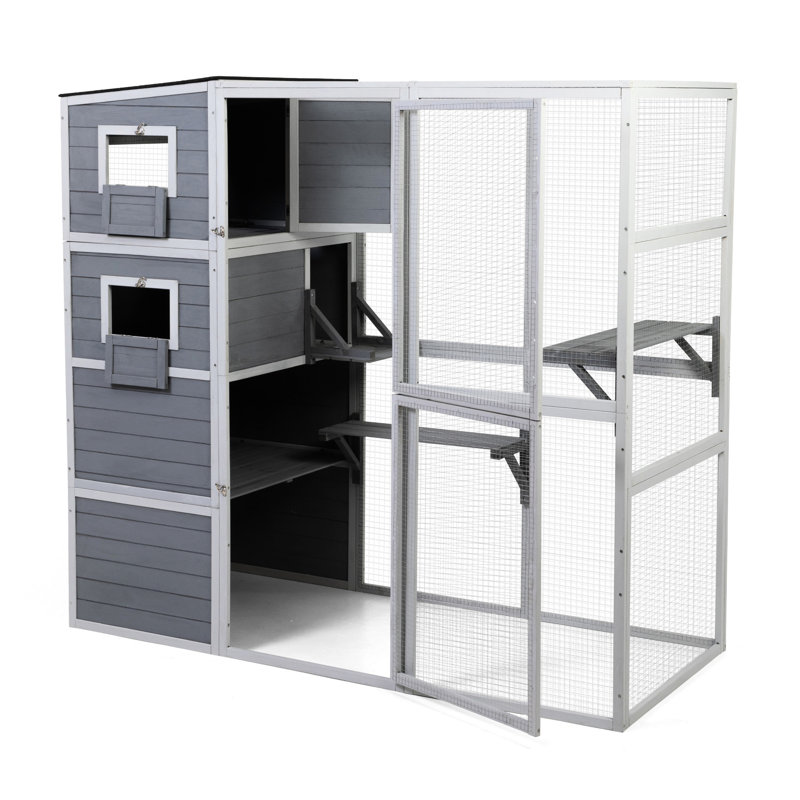 Cage pour chat gris avec toit imperméable et plateformes surélevées - 4 refuges pour animaux de compagnie pour chats, lapins et hamsters