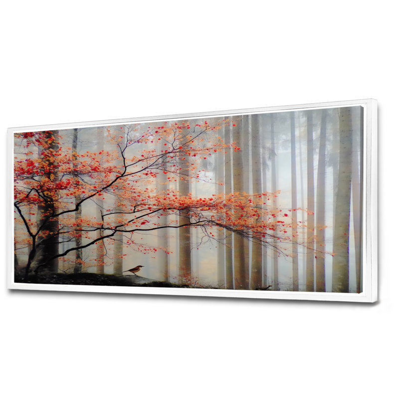 Forêt d'automne matin rosée au Québec - forêt, décoration murale, art mural rouge encadré, H 28 po x l 60 po, Cadre flottant