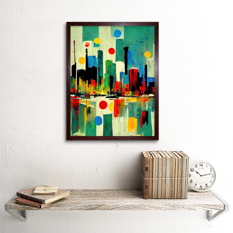 Abstract Cityscape Skyline Midcentury Style - Print, Brown Framed Unframed, 43cm H x 33cm W x 2cm D