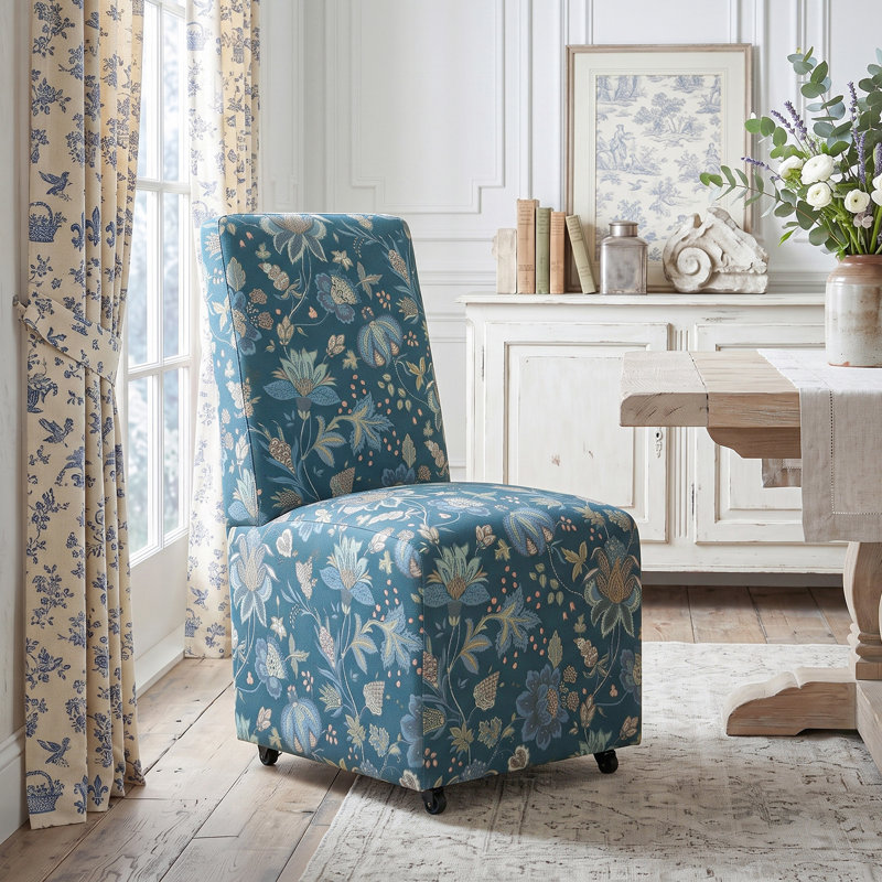 Chaise d'appoint rembourrée Colette avec roulettes, Bleu paon jacobin