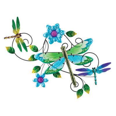 28" Garden Vibe Metal and Glass Floral Wall Décor with Painted Wing Accents - 1 Dragonfly