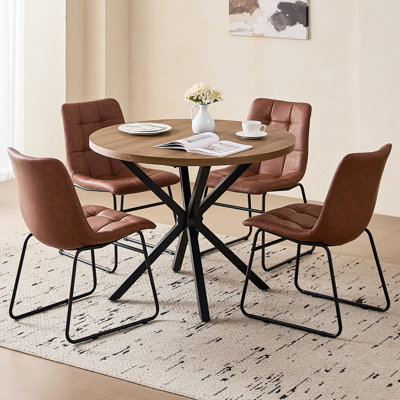 Ensemble de salle à manger 5 pièces rond moderne, table en bois brun 39 po avec 4 chaises en similicuir