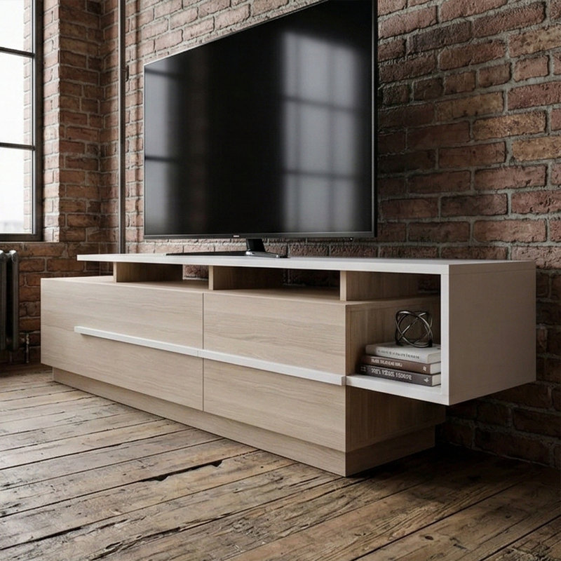 Modern TV Stand with Multiple Shelves, Cordoba & White, 70.9 x 18.3 x 15.3 inches | 100% Melamine Coated Particle Board, Thickness: 0.7 inches | Wall-Mountable Design, Perfect for Contemporary Living Rooms
