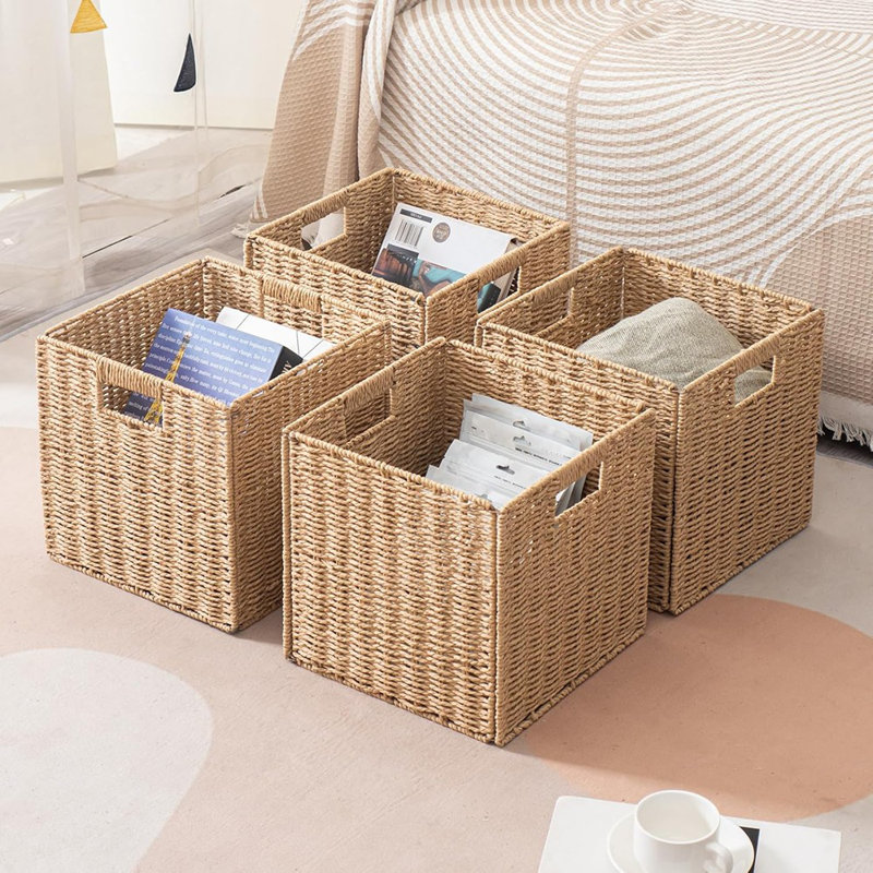 Foldable Paper Woven Storage Cube Bins – Set Of 4 | Square Baskets