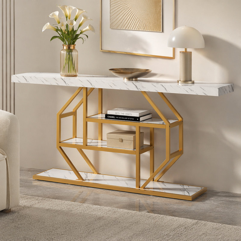 Table d'appoint 70,9 po, canapé doré moderne derrière le canapé avec rangement à 4 niveaux, table d'appoint en faux marbre blanc pour le salon, le couloir et l'entrée