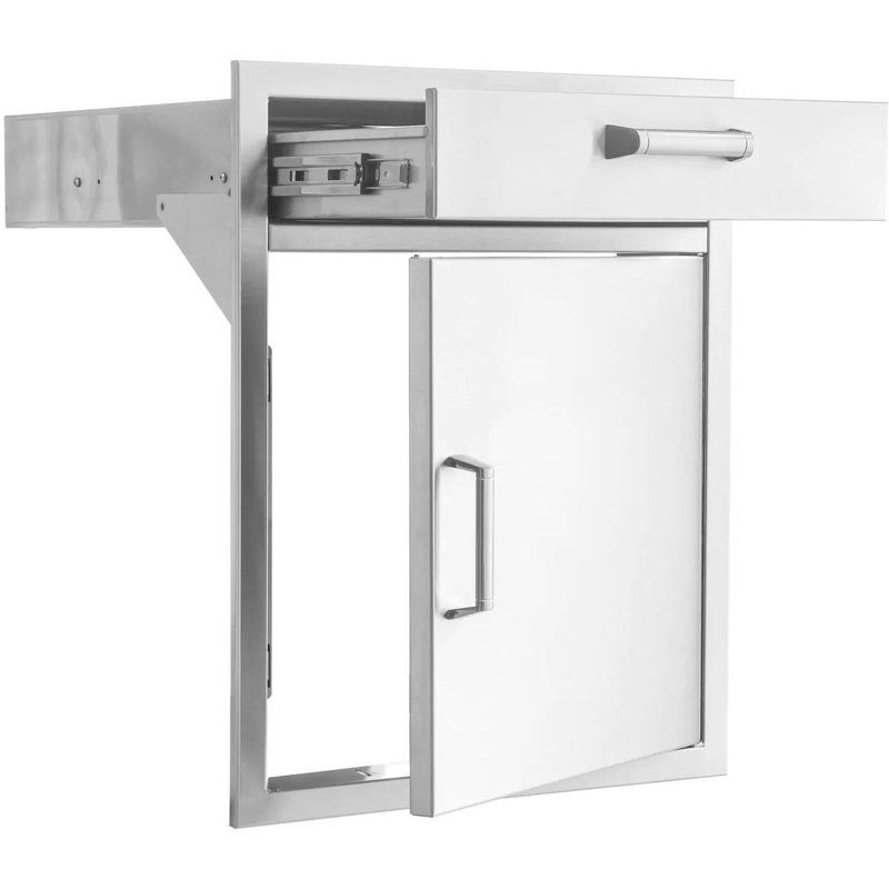 Mont Alpi Signature 260 Series 21"W x 21"D x 24"H Commercial Grade 304 Stainless Steel Outdoor Kitchen Island BBQ Gas Grill Magnetic Single Access Door and Drawer Combo with Traditional and Contemporary Style Handle Sets - Made in USA - Lifetime Warranty