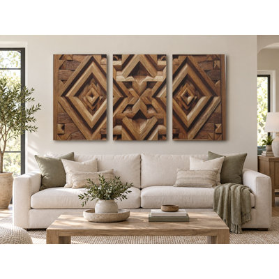 Geometric Wood Carved Look Canvas Print, 3 Piece Rustic Wall Art - Tribal Pattern Farmhouse Decor - Faux Wooden Texture Triptych Sign, Painting Reproduction