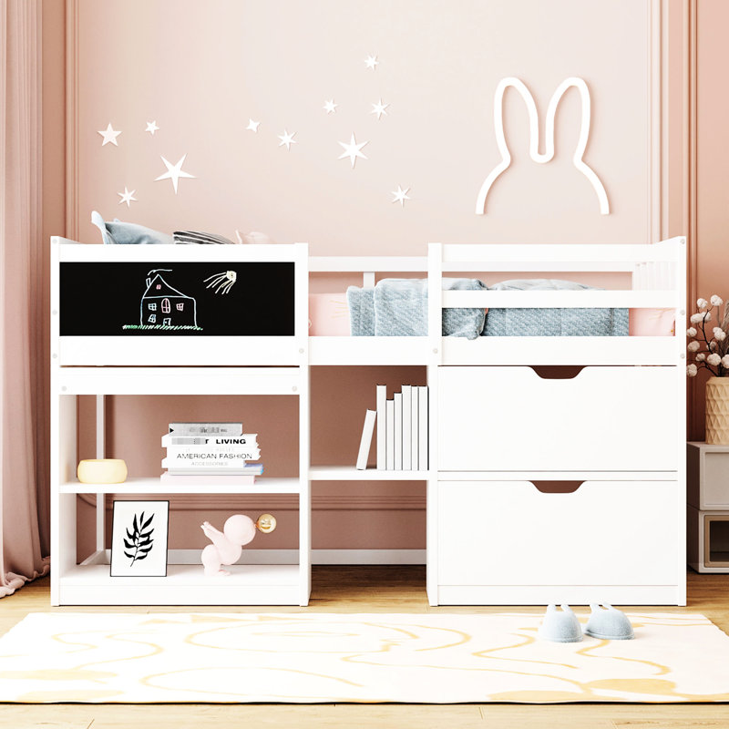 Lit mezzanine simple de taille simple en blanc avec rangement roulant - Bois massif pour un bureau de configuration de chambre à coucher pratique