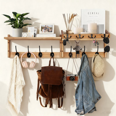 Portemanteau mural 29 po avec tablette et crochets à clés - Organisateur de vestibule en bois 4-en-1 pour manteaux, chapeaux, courrier et sacs