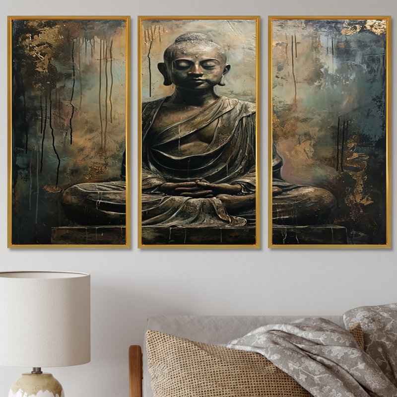 Bouddha rétro, art bleu argenté, ensemble d'art mural, Cadre flottant doré, H 28 po x l 36 po x P 1 po