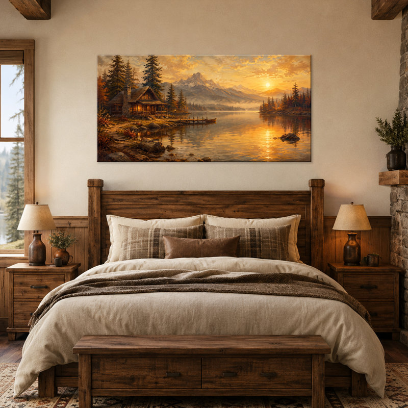 Tableau sur toile représentant un chalet au bord d'un lac, une cabane dorée dans la forêt et des eaux calmes, un paysage rustique et pittoresque, une décoration horizontale grand format pour le salon, la chambre ou le bureau, prêt à accrocher, 40 x 80 cm