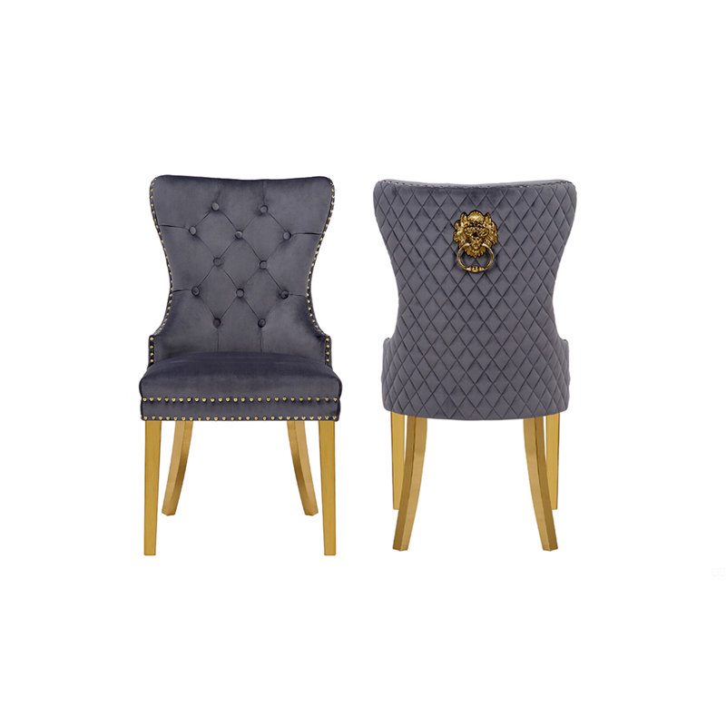 Chaise de salle à manger dorée 2 pièces avec finition en velours, Gris foncé