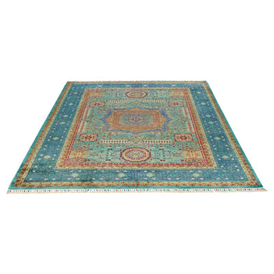 6x8 Green and Blue Turkish Tribal Rug