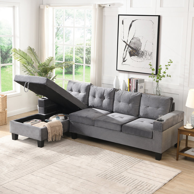Ensemble de canapé modulaire pour salon avec méridienne en forme de L, porte-gobelet et main gauche avec méridienne de rangement moderne 4 places (gris)