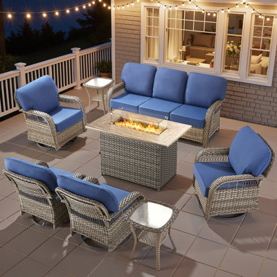8-Piece Outdoor Furniture Set With Fire Pit Table, Patio Conversation Set With 5" Thick Cushions & High Back Swivel Chairs, All-Weather Wicker Deep Seating Sofa With Side Table