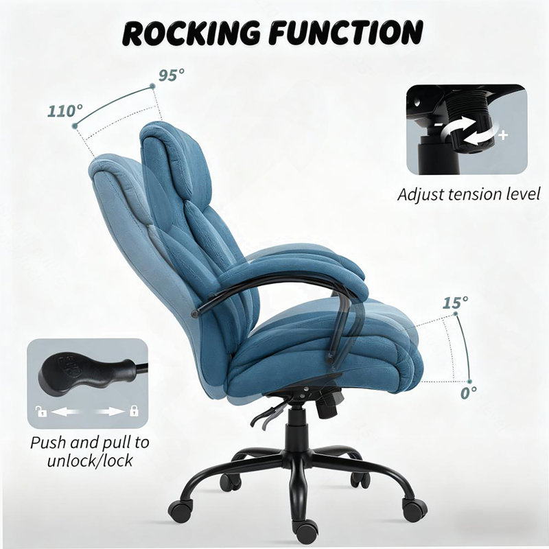 Fauteuil de direction confortable en tissu bleu avec accoudoirs rembourrés, conception ergonomique et roues pivotantes pour le bureau à domicile