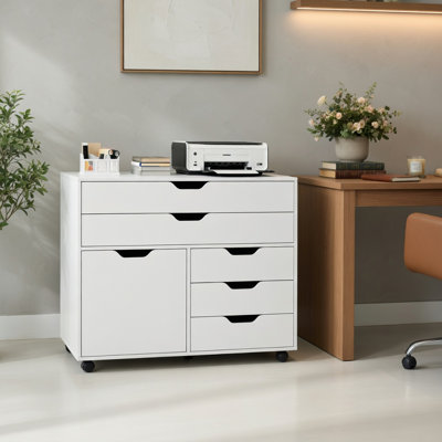  Armoire de rangement moderne à 5 tiroirs avec roulettes verrouillables et porte d'armoire, organisateur de bureau en bois d'ingénierie pour bureau à domicile, salle d'étude et salon, blanc