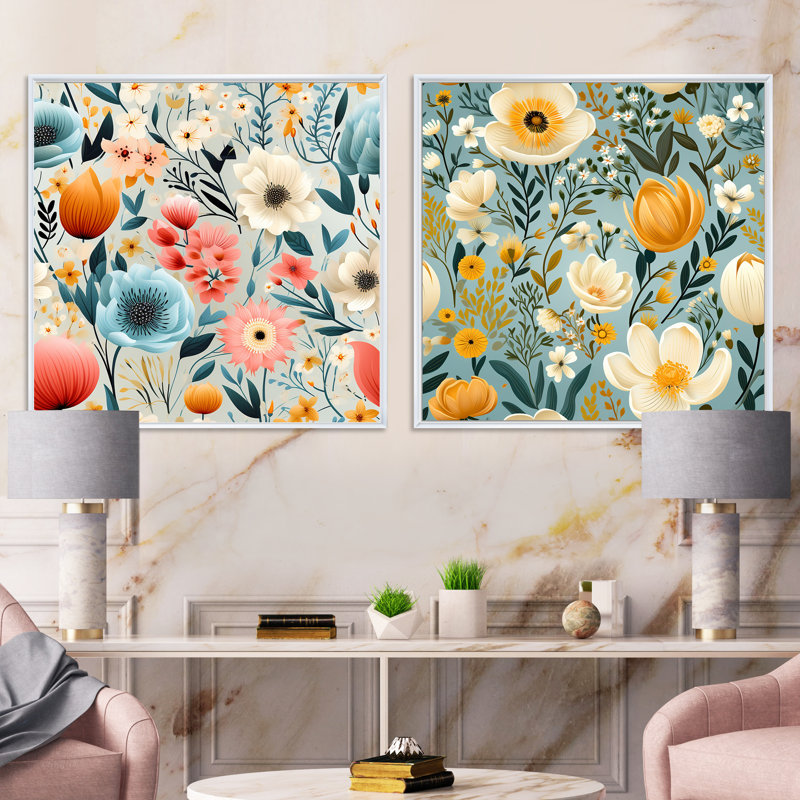 Alpharetta - Ensemble de 2 collages carrés floraux, H 16 po x l 33 po, Cadre flottant blanc
