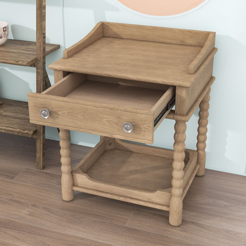 Retro Nightstand with Drawer and Shelf for Bedroom, Natural