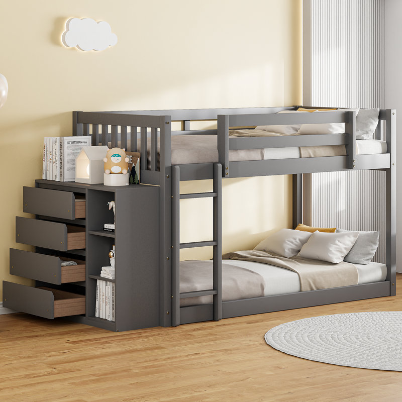 Low Bunk Bed with Storage Drawers and Shelves, Twin Over Twin, Grey