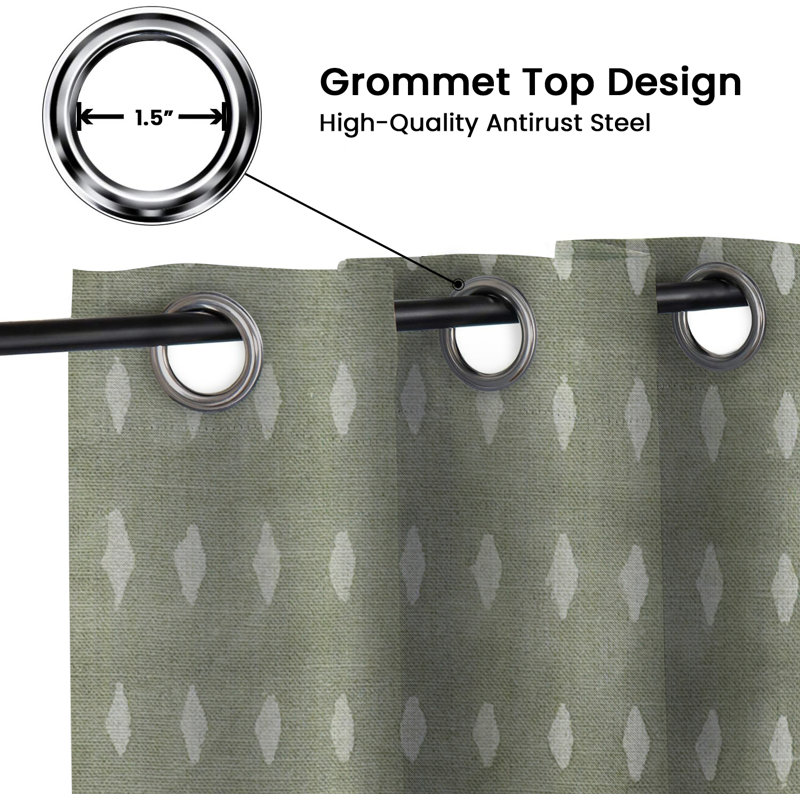 Green Block Print Thick Linen Grommet Curtain Handmade Blackout Drapes for Stylish & Functional Home Interiors